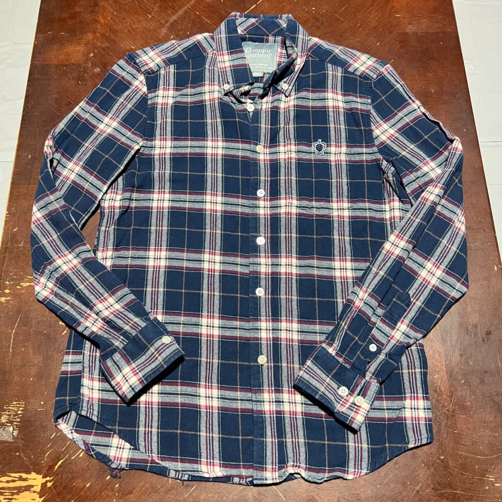 Simply Southern Mens Small Navy Blue Red Plaid Flannel Button Down Turtle Shirt